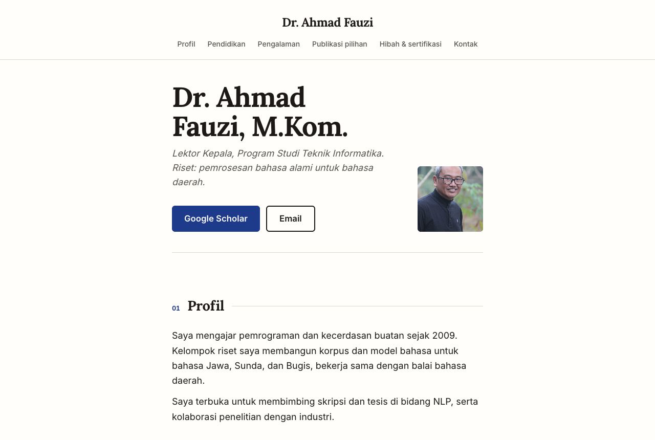 Portofolio demo Dr. Ahmad Fauzi, template Akademik