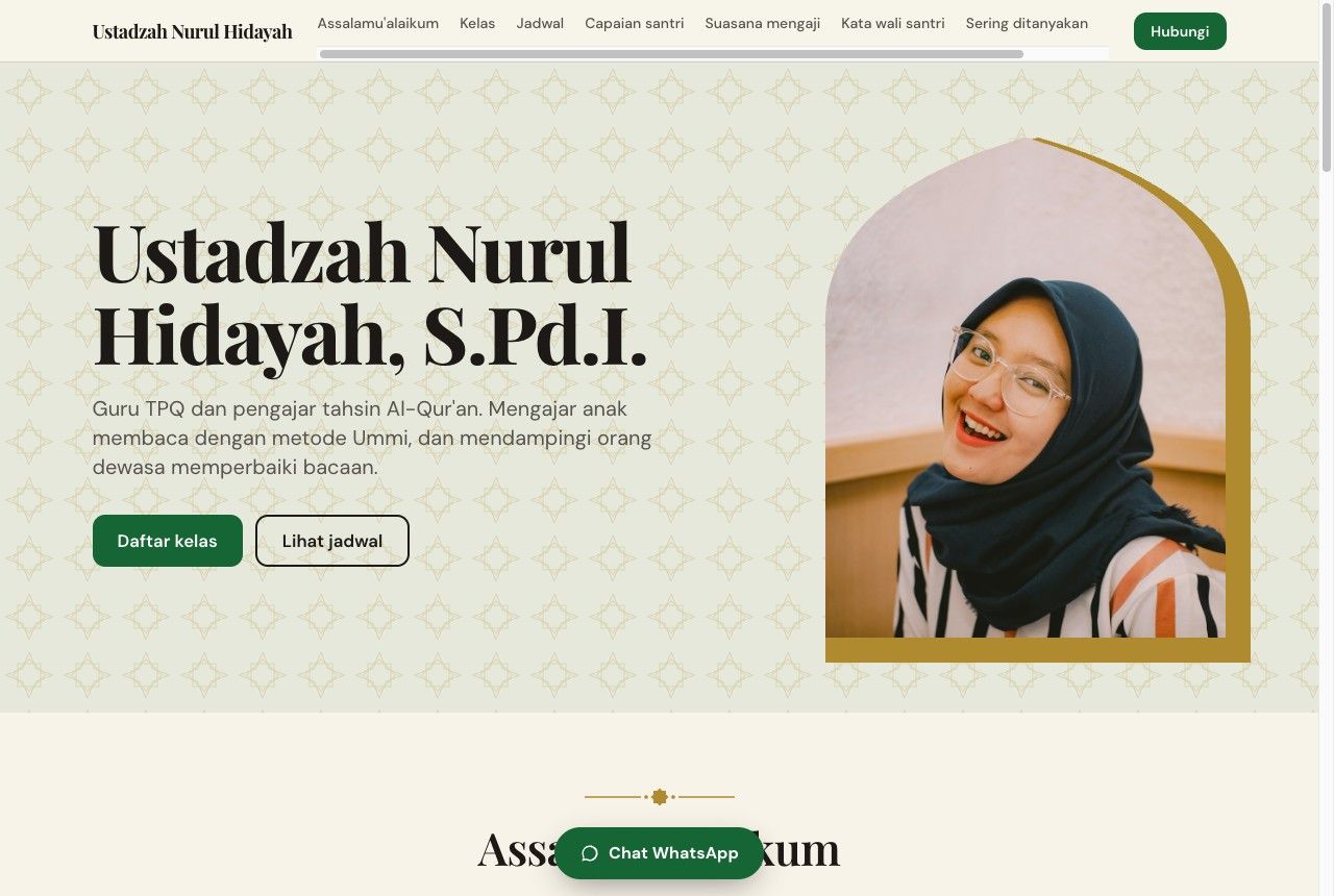 Portofolio demo Ustadzah Nurul Hidayah, template Madrasah