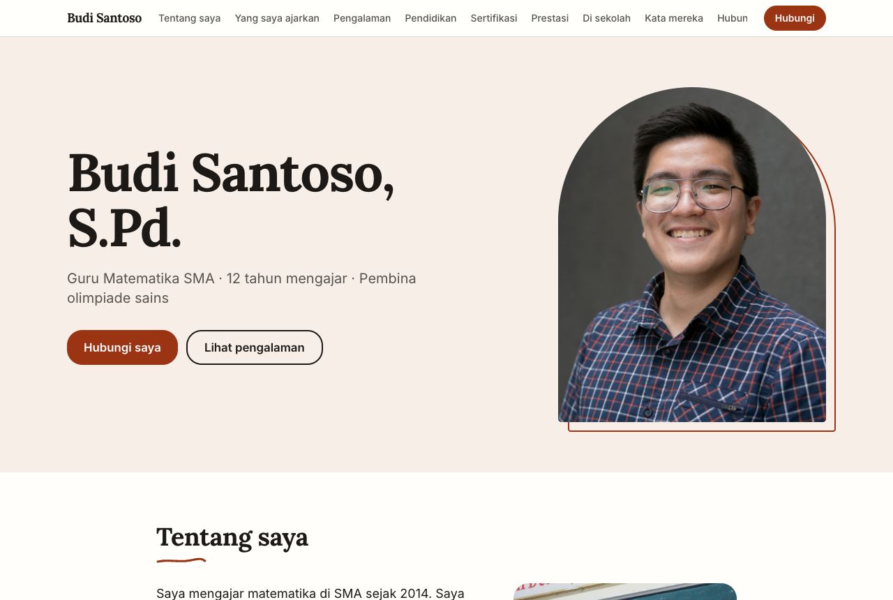 Portofolio demo Budi Santoso, template Profil Guru