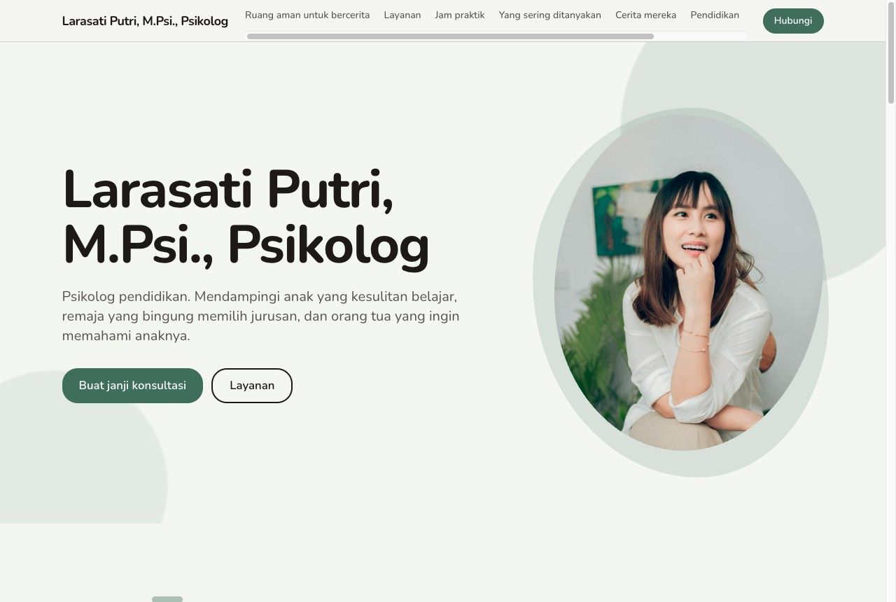 Portofolio demo Larasati Putri, M.Psi., Psikolog, template Teduh